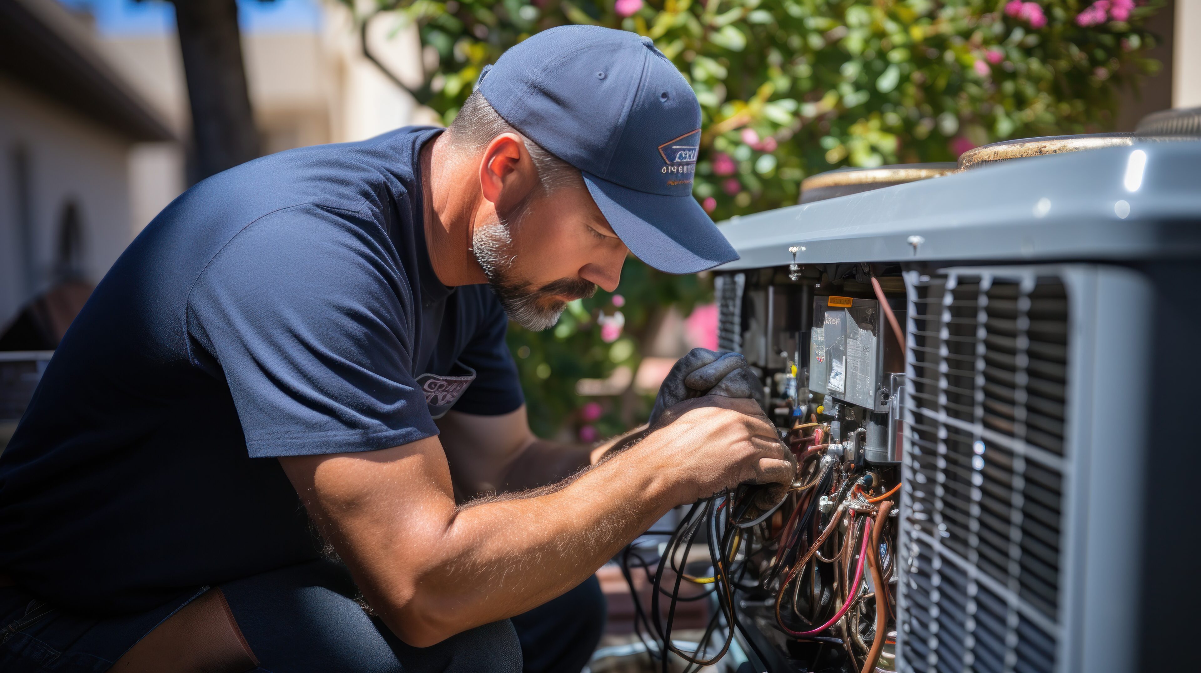 HVAC technician servicing an air conditioning unit.