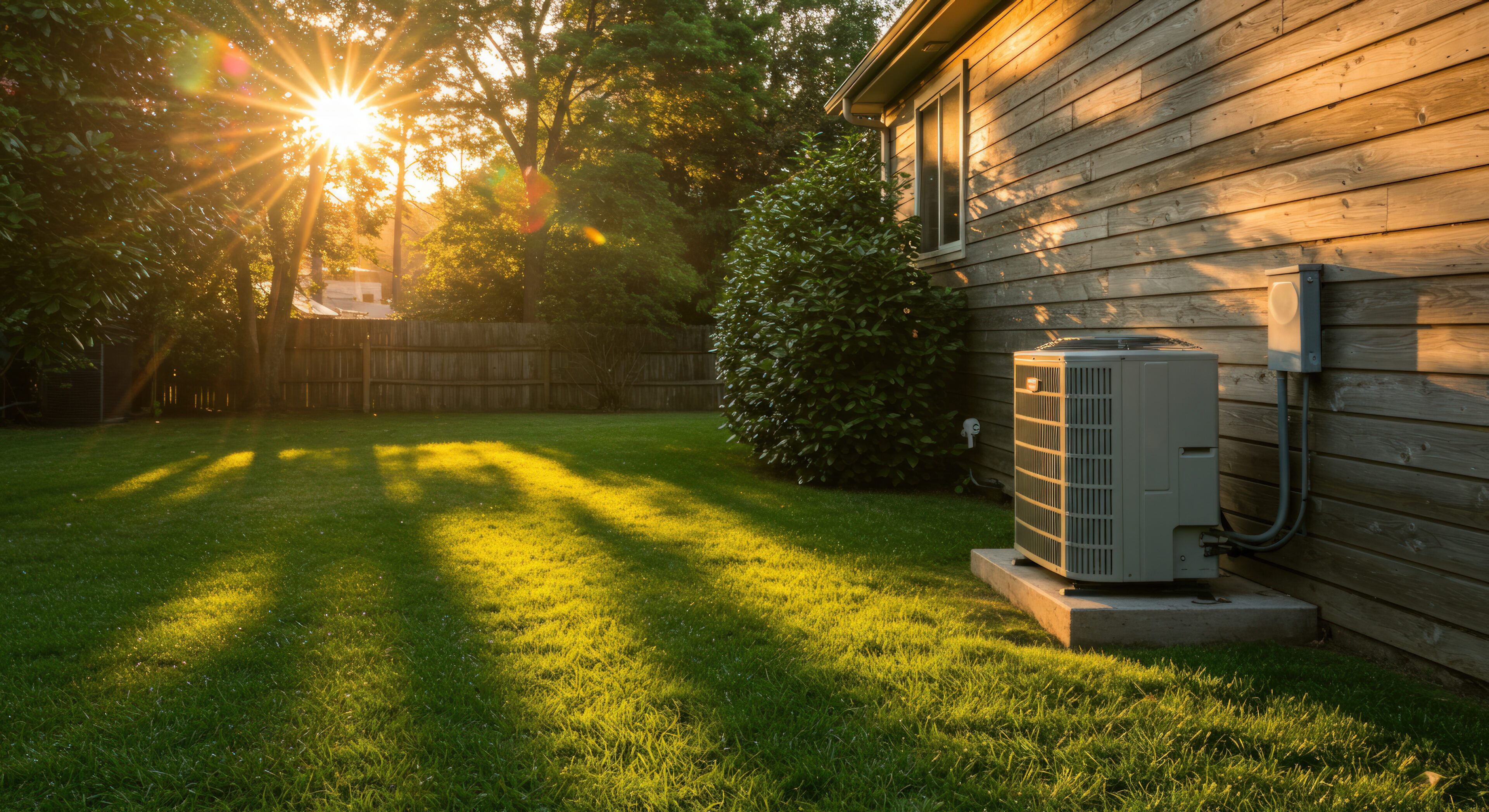 This image showcases an outdoor air conditioning system unit positioned beside a home, bathed in warm evening sunlight. The unit sits on a concrete slab, with a backdrop of wood siding. Lush green grass covers the yard, and trees provide a natural setting. Long shadows stretch across the lawn, highlighting the late afternoon or early evening time. The scene evokes comfort, home maintenance, and seasonal climate control. It is suitable for illustrating real estate, home improvement, or energy efficiency.